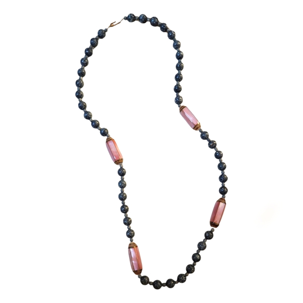 Black and Grey Jasper Beads with Dyed Pink Mother Of Pearl Necklace EUC Vintage